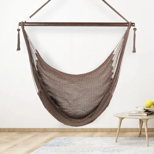 Vista 3 de Larga silla hamaca grande caribeña con reposapiés, 48 pulgadas, poliéster, silla de colgar., Mocha