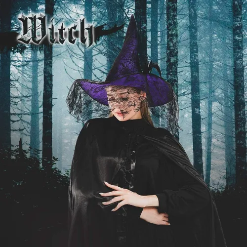 Vista 5 de ReneeCho Sombrero de bruja para mujer, accesorios de disfraz de Halloween, color morado, disfraz de mascarada para adultos