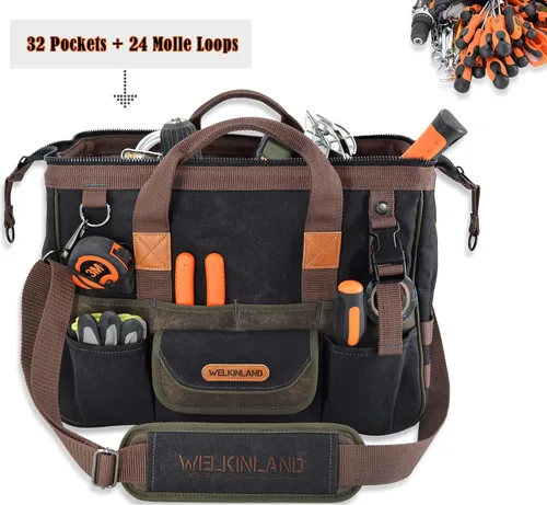 Vista 2 de WELKINLAND Bolsa de herramientas de lona encerada con 32 bolsillos, bolsa de herramientas resistente para electricistas, bolsas de herramientas