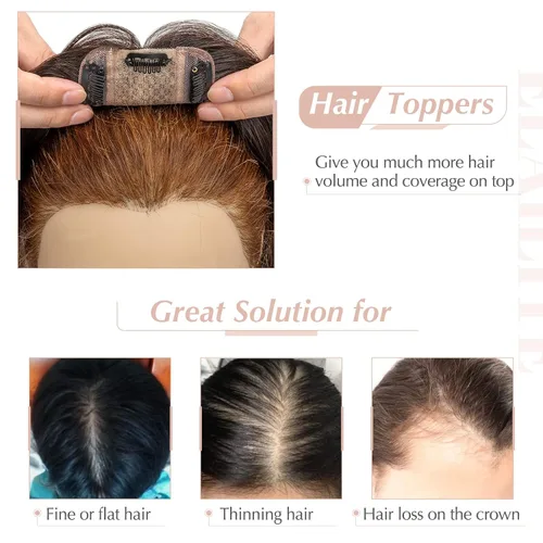 Vista 5 de Elailite Toppers para el cabello para mujeres con cabello ralo, topper de cabello humano real con flequillo, delgado, 5.1"x2.8" base de seda, Marrón