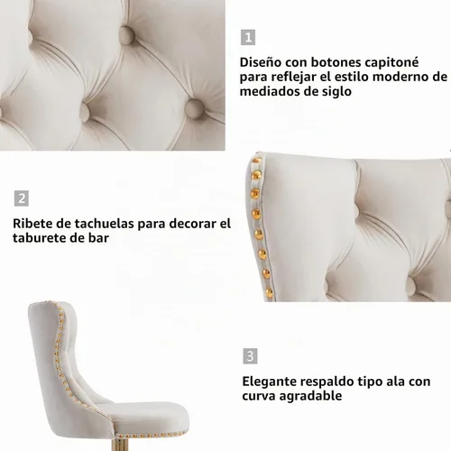 Vista 4 de Aoowow Juego de 2 taburetes de bar giratorios ajustables con parte trasera de terciopelo copetudo, sillas de bar modernas tapizadas con cabeza
