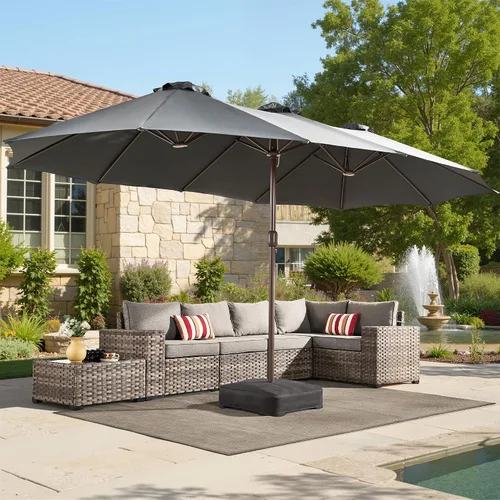 Vista 15 de HOOOWOOO Sombrilla de doble cabeza de 15 pies para patio al aire libre con Beige