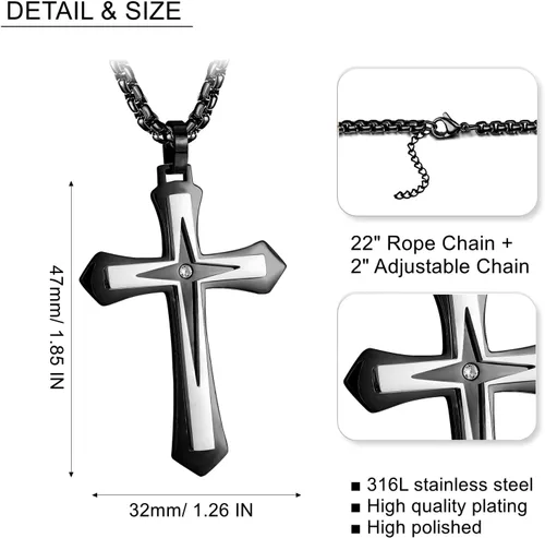 Vista 5 de Collar con colgante de cruz de Jesucristo grande de acero inoxidable para hombre con cadena bizantina de 22, 24, 26 pulgadas, negrodoradoplata