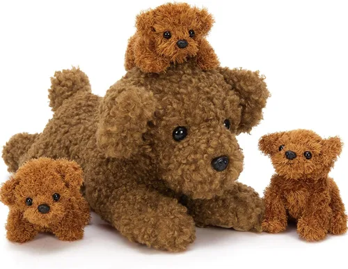 Vista 11 de Muiteiur Triceratops - Animal de peluche gigante de dinosaurio para mamá con 3 bebés pequeños, juguete de dinosaurio de felpa suave verde, regalo