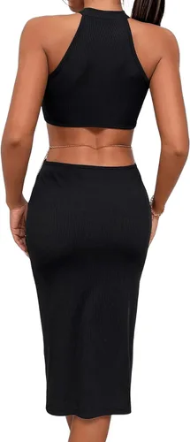 Vista 2 de SweatyRocks Vestido midi ajustado sin mangas para mujer, con abertura en el muslo, halter