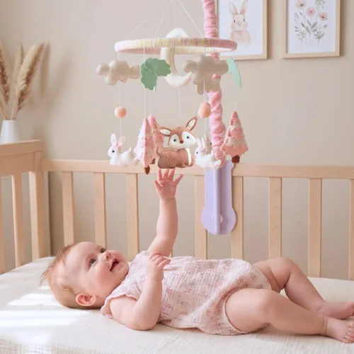 Vista 6 de Móvil de bebé rosa para cuna, cuna móvil con música, animales del bosque