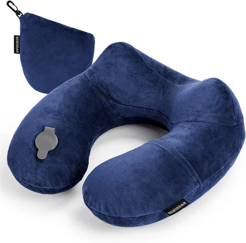 Vista 10 de Rewondah Almohada inflable de viaje para avión dormido, almohada inflable para el cuello para viajar en avión con funda lavable, almohada de viaje