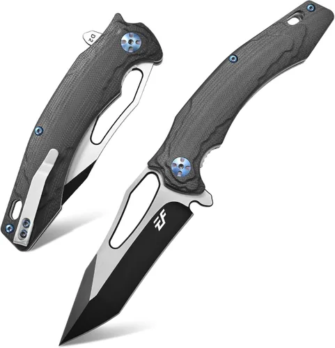Vista 10 de Eafengrow EF915 Cuchillo plegable D2 hoja de acero con revestimiento de óxido negro; mango G10 con rodamiento de bolas, cuchillo abierto seguro