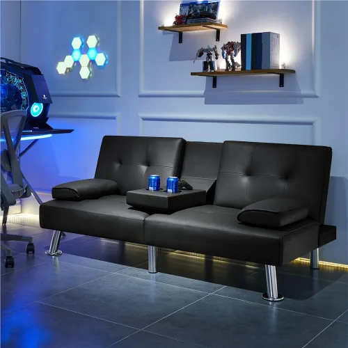 Vista 7 de Yaheetech Sofá Cama Convertible Sillón Reclinable Ajustable Moderno de Cuero Sintético Sofá de Dos Plazas Reversible Cama Plegable Tipo Diván