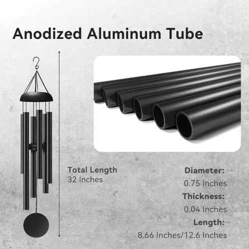 Vista 3 de Campanillas de viento para exteriores, campanillas de viento de metal de tono profundo de 32 pulgadas con 6 tubos de aluminio grueso, campanillas