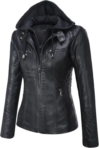 Vista 2 de Springrain Women's Faux Leather Jacket Moto Biker Coat with Detachable Hood Motorcycle Jacket