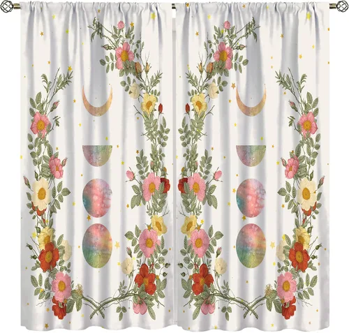 Vista 11 de Cortinas de Ventana Bohemias con Plantas Florales para Dormitorio de Niño y Niña, Cortinas de Ventana Góticas de Jardín Iluminado por la Luna