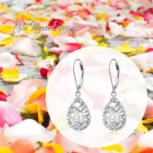 Vista 103 de Aretes colgantes de filigrana de plata de ley 925, margarita, loto, flor de rosa, piedra lunar, lágrima para mujer, nudo celta infinito, margarita