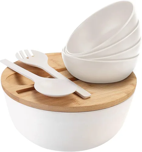 Vista 10 de ShineMe Ensaladeras, ensaladera grande con tapa y servidores, juego de ensaladas de bambú con 4 cuencos pequeños para servir, cuenco de cocina Negro