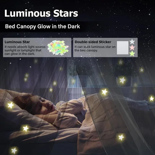 Vista 4 de Dosel de Cama con Luces, Dosel de Cama para Niñas Princesa con Estrellas Luminosas, Cortinas de Cama con Dosel para Camas de Individual a King