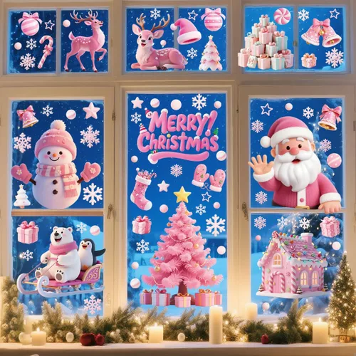 Vista 2 de 121 calcomanías de Navidad rosas para ventanas, Papá Noel, árbol de Navidad, copo de nieve, muñeco de nieve, ciervo, calcomanías de doble cara