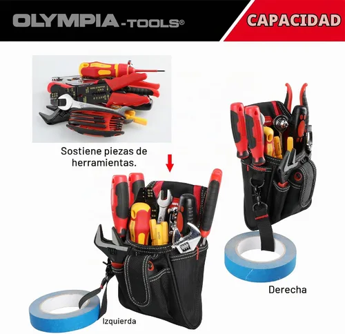 Vista 7 de Olympia Tools Bolsa de herramientas de 7 bolsillos con clip para cinturón, negro y rojo