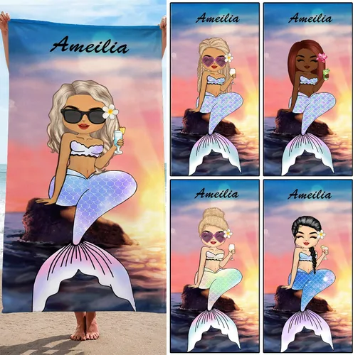 Vista 9 de Toalla de playa personalizada Chibi Bestie, hawaiana en la playa, piscina, fiesta para niños pequeños, niñas, regalos, mejores amigas, toalla