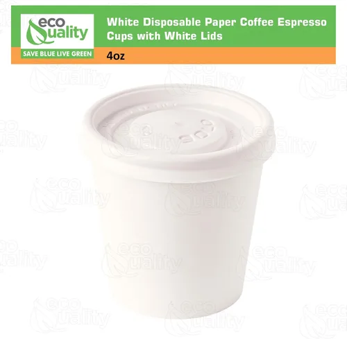 Vista 3 de [Paquete de 50] Tazas de café espresso desechables de papel blanco de 4 onzas con tapas blancas, tazas de té caliente desechables de papel blanco