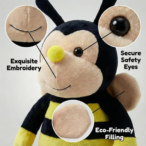 Vista 5 de Peluche Nana la abeja con cara sonriente y alas amarillas, abejorro, juguete suave en forma de animal para niños de 12 pulgadas de la cabeza a