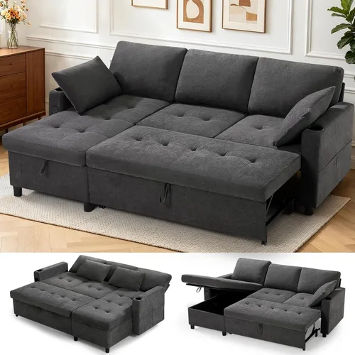 Vista 12 de Sofá cama extraíble de tela de 84 pulgadas con respaldos ajustables, color negro
