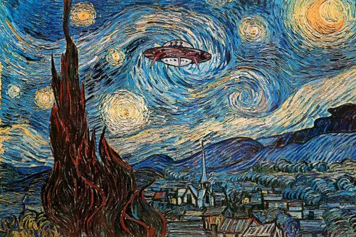 Vista 6 de OVNI Sighting On A Starry Night Vincent Van Gogh Humor Art Van Gogh Arte de pared Ciudad Naturaleza Decoración de Pared Paisaje Cielo Nocturno