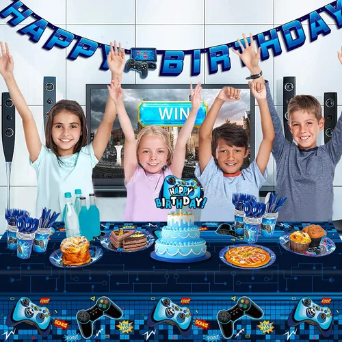 Vista 6 de Mantel rectangular de videojuegos, 3 piezas de plástico PE azul desechable, 54 x 108 pulgadas, para decoración de fiesta de cumpleaños de niños