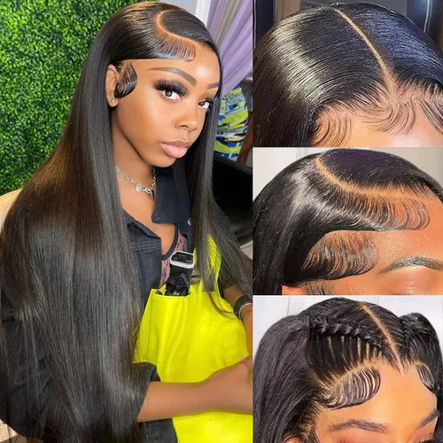 Vista 19 de Mengkai Pelucas de 28 pulgadas de encaje frontal liso de cabello humano, sin pegamento, prearrancadas con cabello de bebé, 13x4 de oreja a oreja