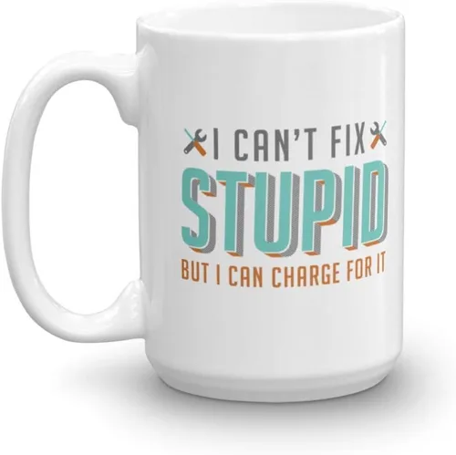 Vista 9 de Taza divertida de café y té con sarcasmo con texto en inglés "I Can't Fix Stupid But I Can Charge For It. Funny Sarcasm Coffee & Tea Mug For A