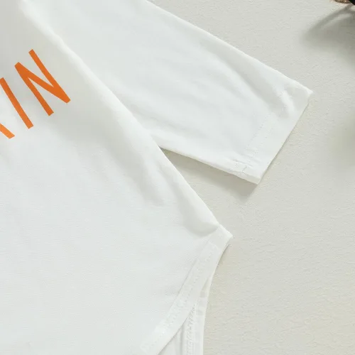 Vista 6 de Conjunto de ropa de Halloween para niña pequeña, divertido mameluco con letras de calabaza + pantalones acampanados acanalados de moda, traje