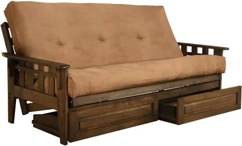 Vista 20 de FutonX - Juego de marco y colchón de nogal rústico con opción para añadir cajones, sofá cama futón de 8 pulgadas con resortes interiores de madera
