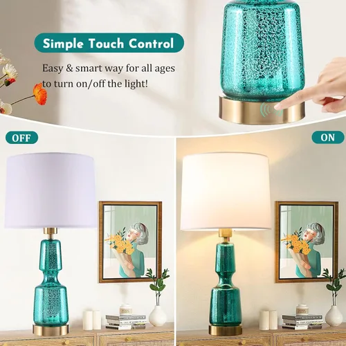 Vista 2 de BrightWe Juego de 2 lámparas de mesa táctiles, lámparas de mesa de vidrio con base dorada de latón, control táctil, modernas lámparas de mesa altas