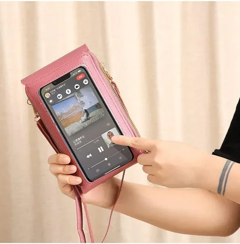 Vista 6 de Bolsa de cuero antirrobo, pequeña bolsa cruzada para teléfono celular para mujer con pantalla táctil