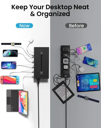 Vista 5 de Estación de carga USB-C de 200W, bloque de cargador USB de 20 puertos (10 USB A y 10 USB-C), estación de carga rápida para múltiples dispositivos