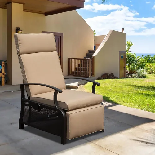 Vista 13 de Domi - Silla reclinable para exteriores, sillón reclinable de patio con mimbre tejido a mano, mesa abatible con respaldo de empuje, ángulo