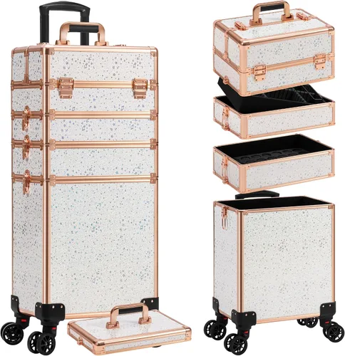 Vista 10 de AROUS Estuche de Maquillaje Rodante 5 en 1, Estuche de Cosmetología con Ruedas, Organizador de Cosméticos Grande, Carro de Viaje para Peluquero