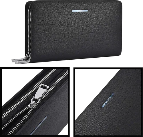Vista 2 de Bolso de mano para hombre, de piel auténtica, cartera larga, tarjetero