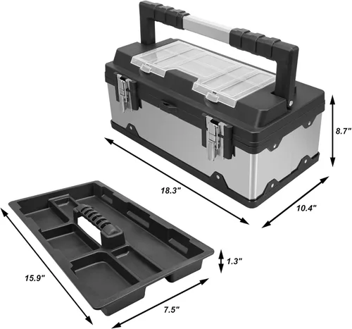 Vista 2 de Torin - Caja de almacenamiento organizadora de 19 pulgadas de acero inoxidable y plástico, caja de herramientas portátil con mango largo y bandeja