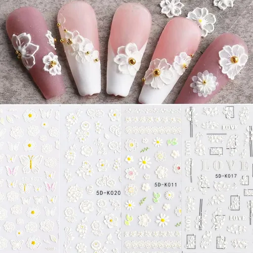 Vista 15 de 20 hojas de calcomanías de uñas 3D, diseño de oro/diamante, lujosas calcomanías de uñas autoadhesivas con relieve, calcomanías de uñas de flores