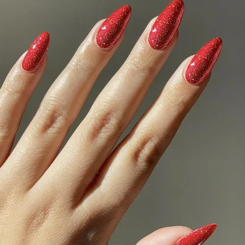 Vista 16 de Uñas postizas a presión cromadas de bronce y almendra mediana, uñas postizas de aguja con diseño brillante, uñas postizas acrílicas de metal