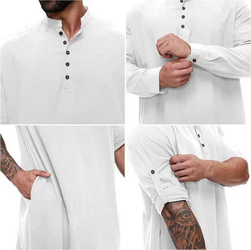 Vista 5 de YAOHUOLE Kaftan para hombre - Batas árabes islámicas con botones Blanco