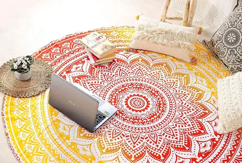 Vista 13 de raajsee Tapiz de Playa Redondo Turquesa Hippie/Boho Manta de Playa Mandala/Manta de Algodón Indio - Mantel Redondo/Decoración del Hogar/Alfombra
