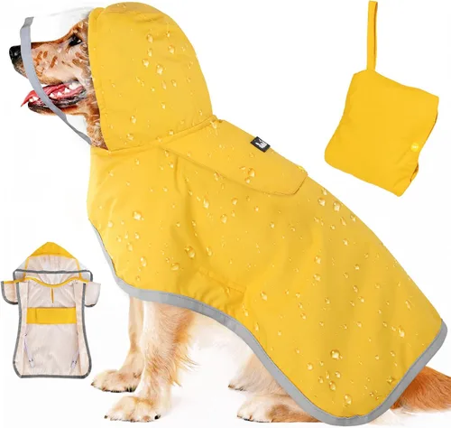 Vista 17 de SlowTon Chubasquero para perros, chaqueta de lluvia ajustable para perros con capucha transparente de doble capa, poncho impermeable con tiras