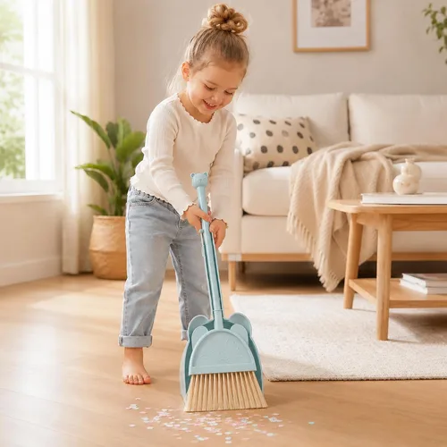 Vista 2 de Mini Escoba con Recogedor para Niños, Pequeño Juego de Ayudante de Limpieza del Hogar (Azul)
