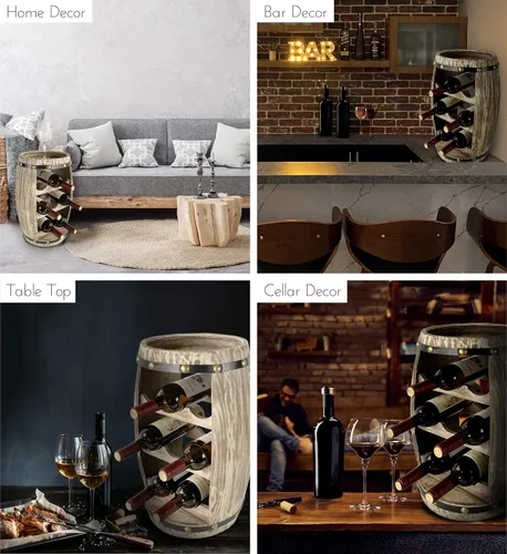 Vista 3 de Moderno Alexander - Soporte de vino de barril de madera independiente para 8 botellas de vino, soporte para botellas, soporte de suelo, estante