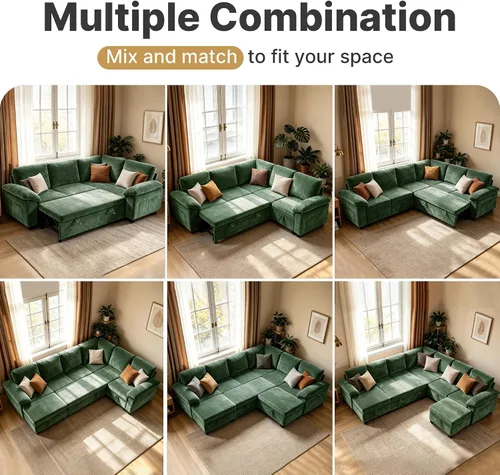 Vista 8 de 86" L-Shaped Sectional Sleeper Couch, Modular Pull-Out Storage Sofa Bed Green
