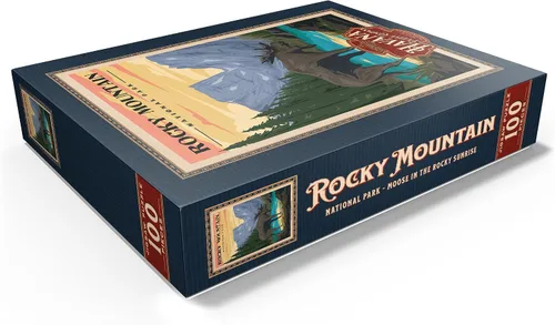 Vista 3 de MyPuzzle Rocky Mountain National Park - Alce en el amanecer rocoso, póster de viaje vintage, rompecabezas de 100 piezas para adultos