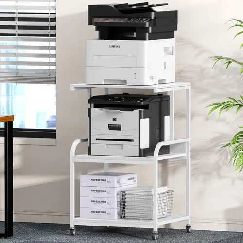Vista 9 de EasyCom Soporte de impresora grande con cajón de almacenamiento, 5 estantes ajustables y carrito rodante de 3 niveles con ruedas industriales