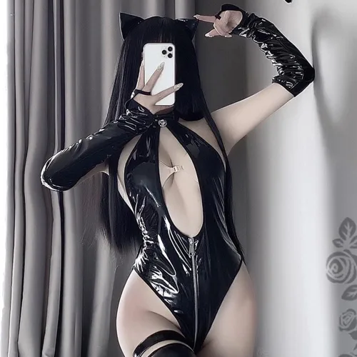 Vista 3 de JasmyGirls Lencería de látex sexy para disfraz de gato para cosplay, traje de sirvienta, disfraz gótico de rol, disfraz de Halloween, Dominatrice