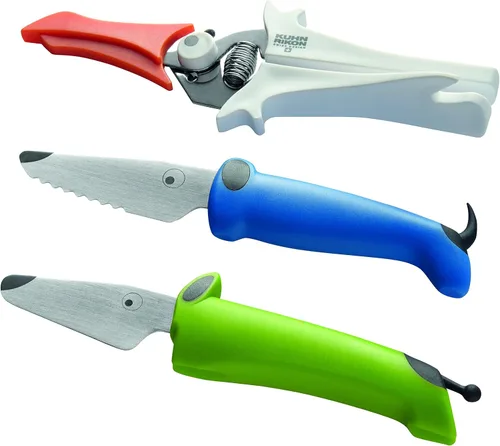 Vista 10 de Kuhn Rikon Kinderkitchen Juego de cuchillos de chef para niños de 6 pulgadas, 2 piezas, verde/azul, borde recto y cuchillo dentado, herramienta